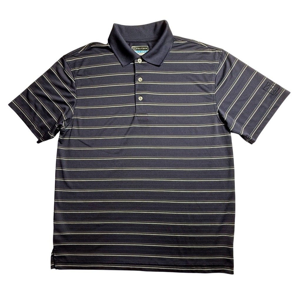 PGA Tour Airflux Mens Medium Navy Blue Striped Short Sleeve Golf Polo Shirt-2517
